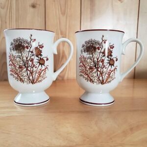 Vintage Bramble Fanci Florals Footed Porcelain Mugs Japan ‎ 4.5" - Set of 2